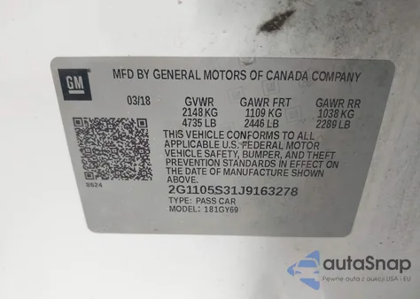 2018 Chevrolet Impala 1Lt from USA, damaged, VIN 2G1105S31J9163278